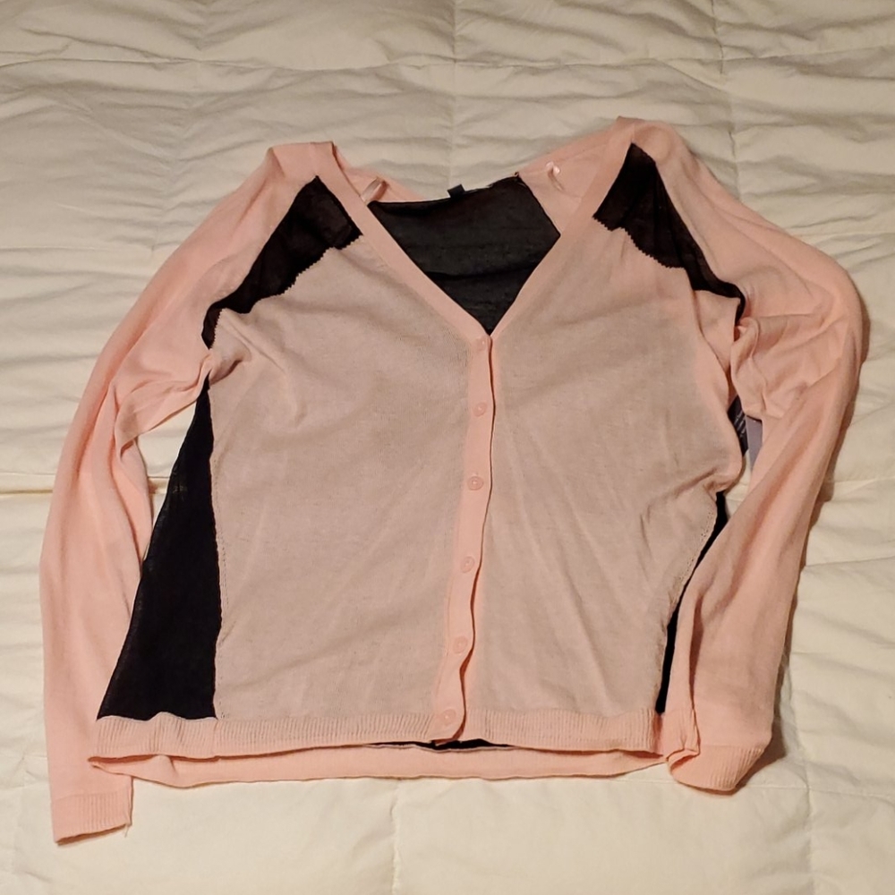 Jennifer Lopez pale pink and black lace button up cardigan sweater. NWT Small